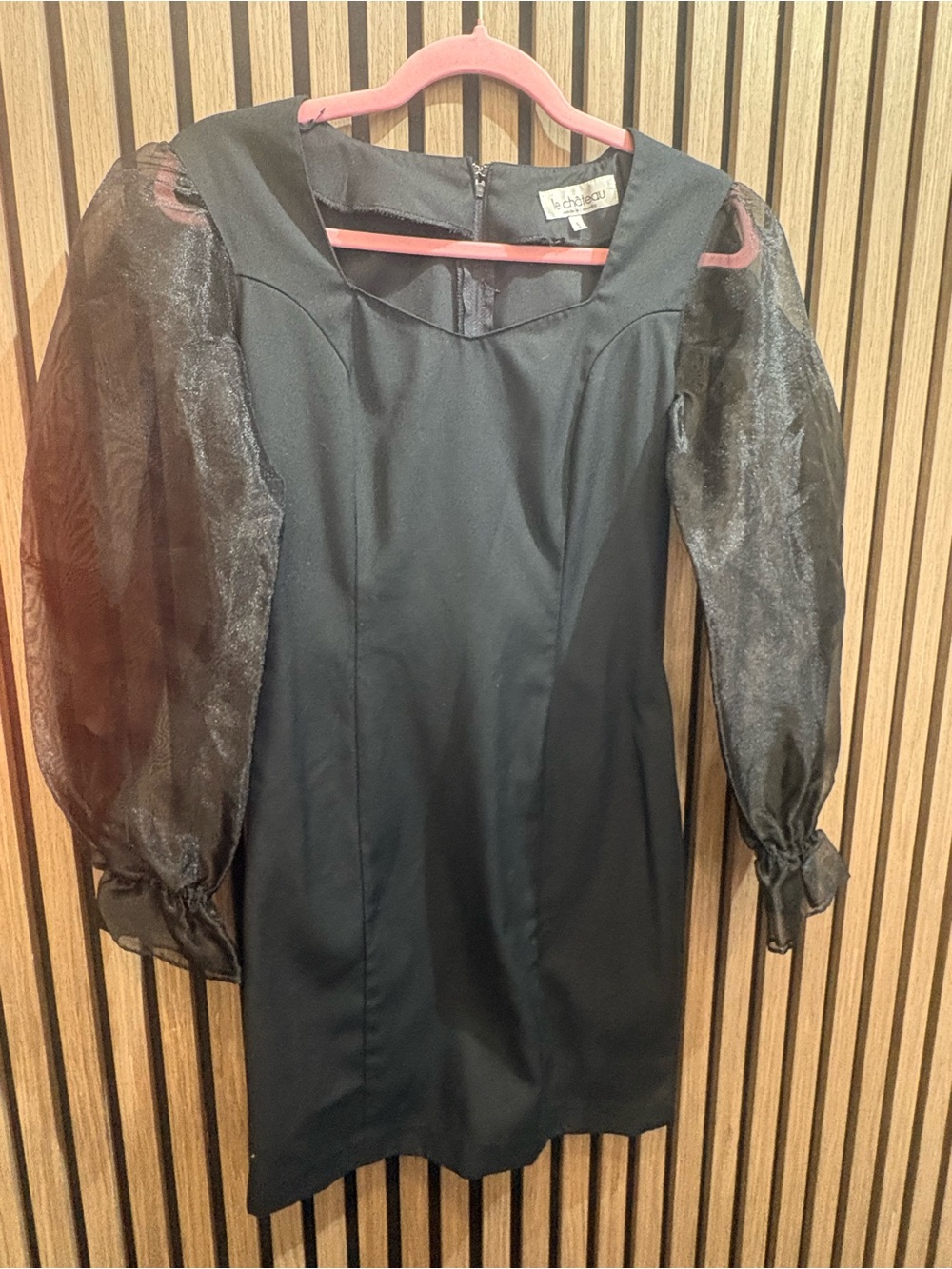 le chateau Black Mini Dress with Sheer Puff Sleeves
